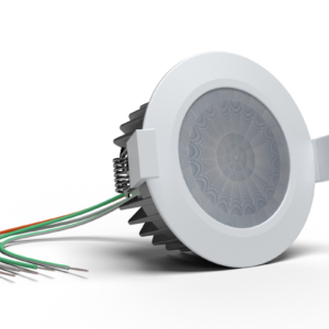 Schrägansicht von Loxone Präsenzmelder Tree zum Deckeneinbau in Weiß